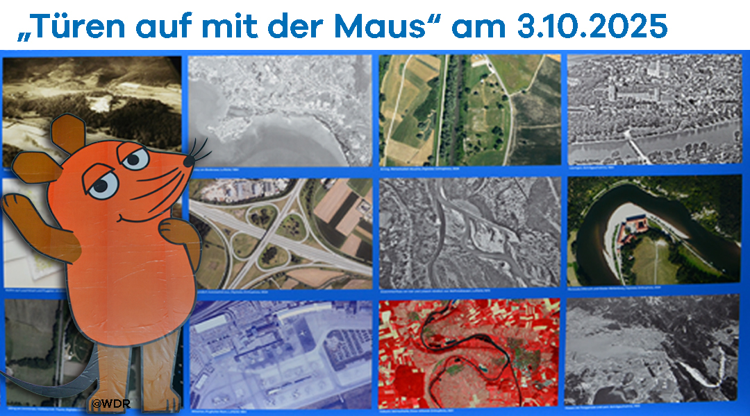 Luftbild-Collage mit der Maus Im Vordergrund steht die winkende Maus, im Hintergrund ist eine Luftbildcollage mit zwölf Luftbildern zu sehen.